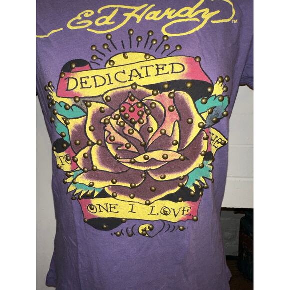 VINTAGE Y2K ED HARDY STUDDED PURPLE TEE S - Picture 2 of 6